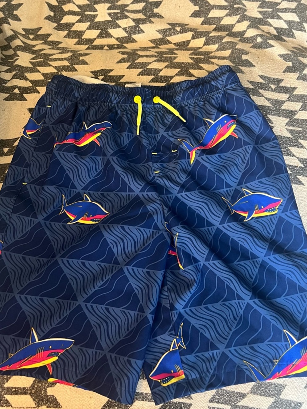 wonder nation Navy Blue Shark Print Swim Trunks with Yellow Drawstring